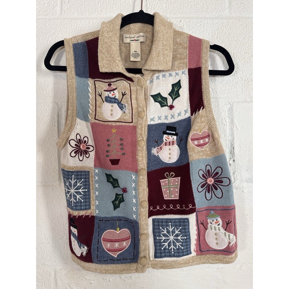 Bechamel Petites PM Christmas Sweater Vest Patchwork‎ Snowman Holiday Retro